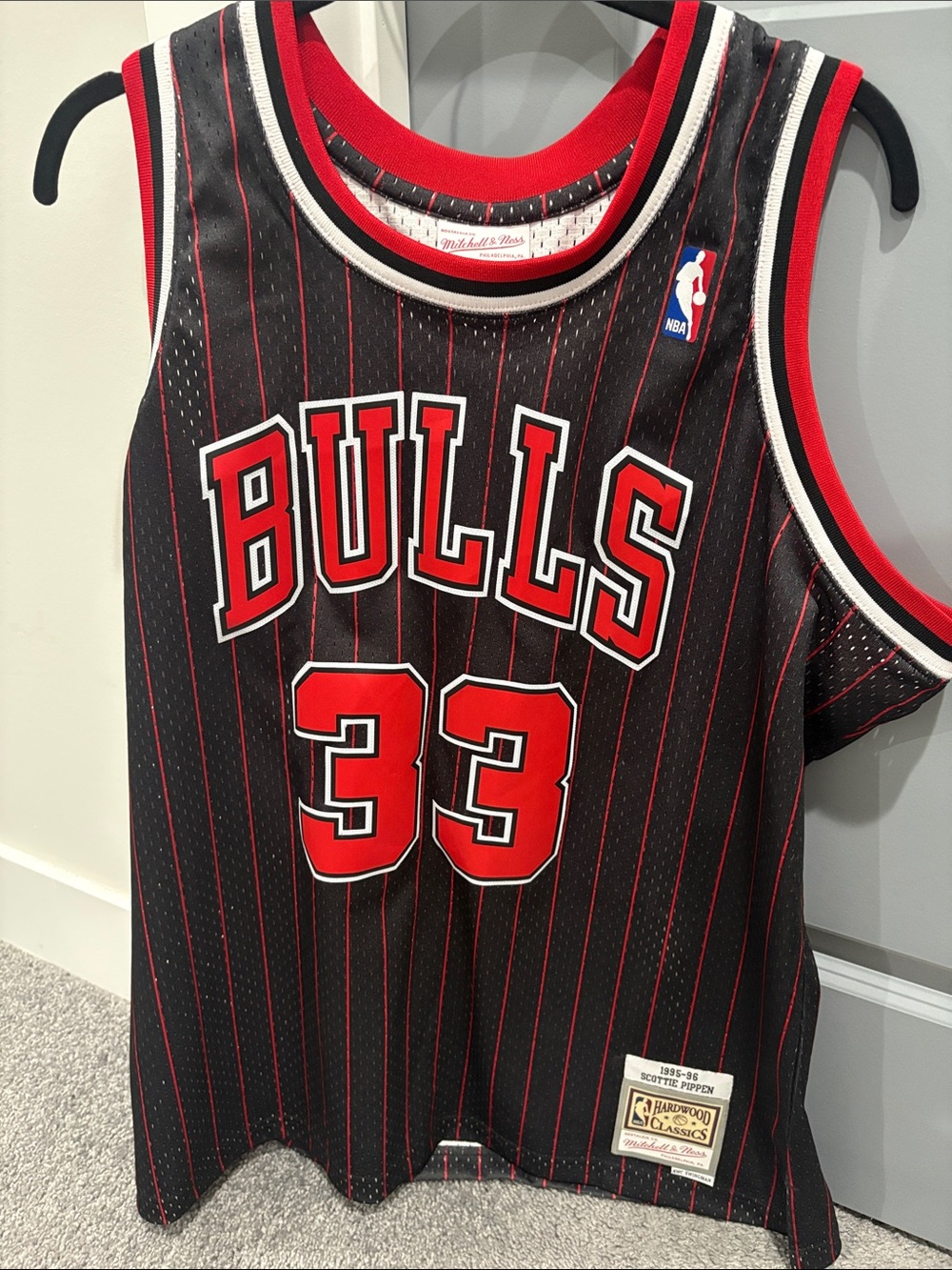 Mitchell & Ness Chicago Bulls #33 Black and Red Pinstripe Jersey